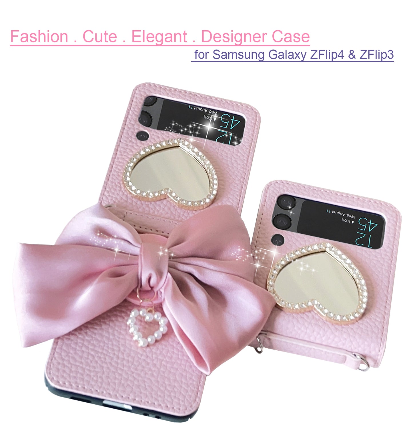 Miitoomo For Samsung Galaxy Z Flip 4 Case Cute with Strap with Big Bow and Makeup Mirror PU Leather - Pink
