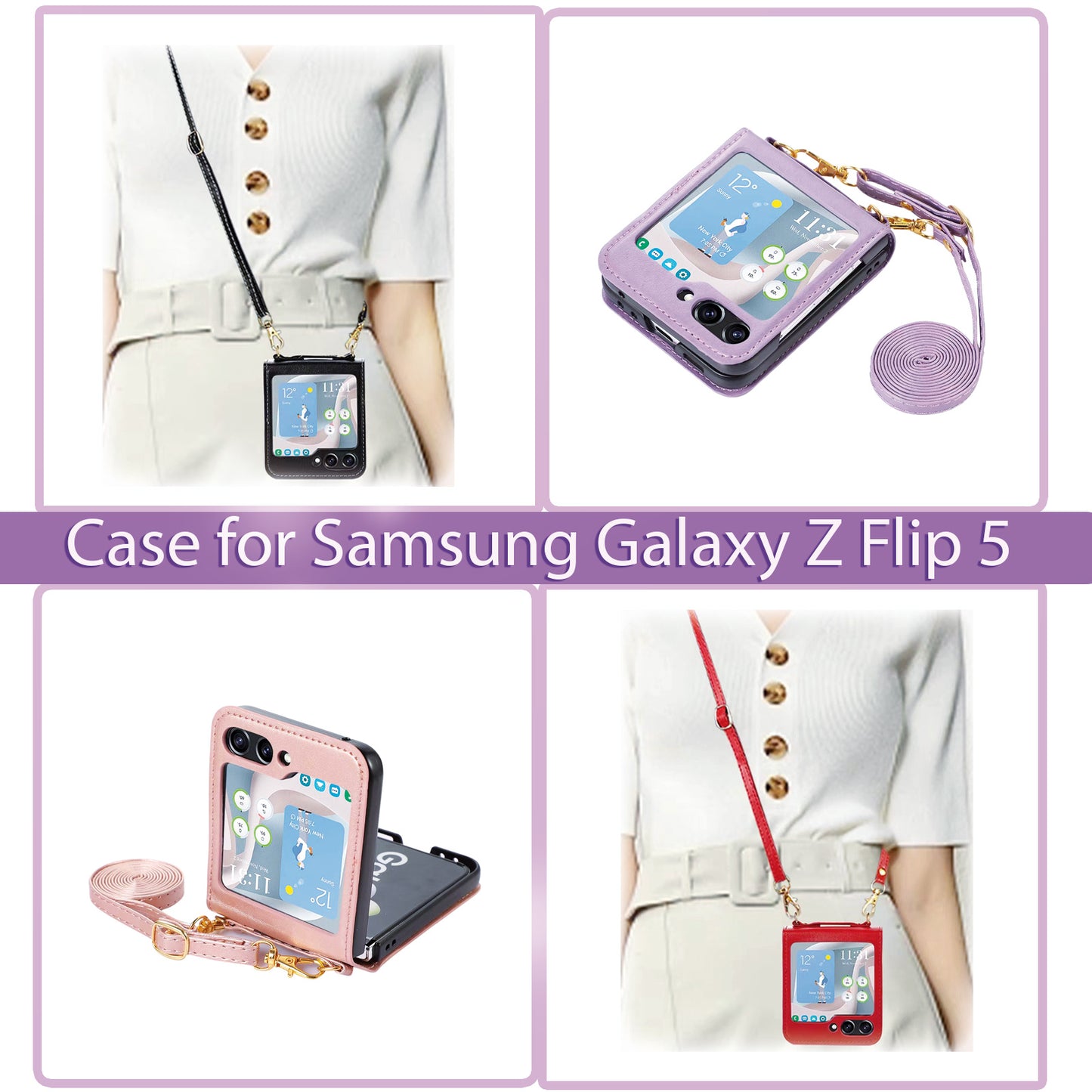 Miitoomo for Samsung Galaxy Z Flip 5 Case with Card Slot Crossbody Strap Fashion