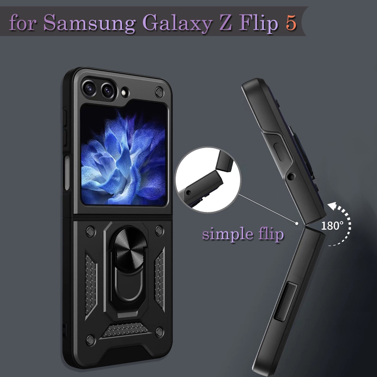 Miitoomo for Samsung Galaxy Z Flip 5 with Ring Kickstand Car Mount Military Armor Case
