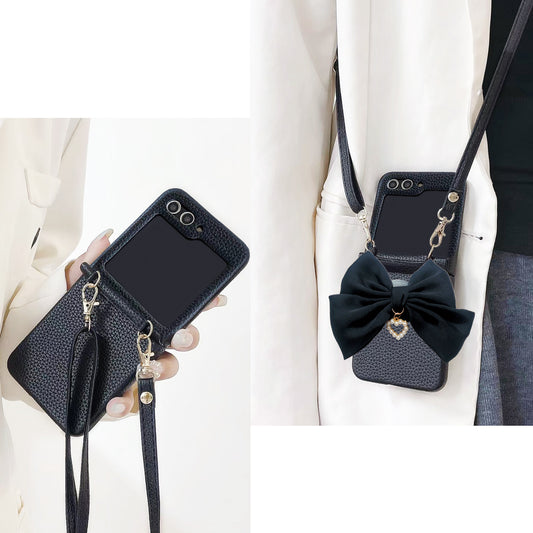 Fashion Case for Samsung Galaxy Z Flip 5 Case Cute with Crossbody Strap,Big Bow, PU Leather