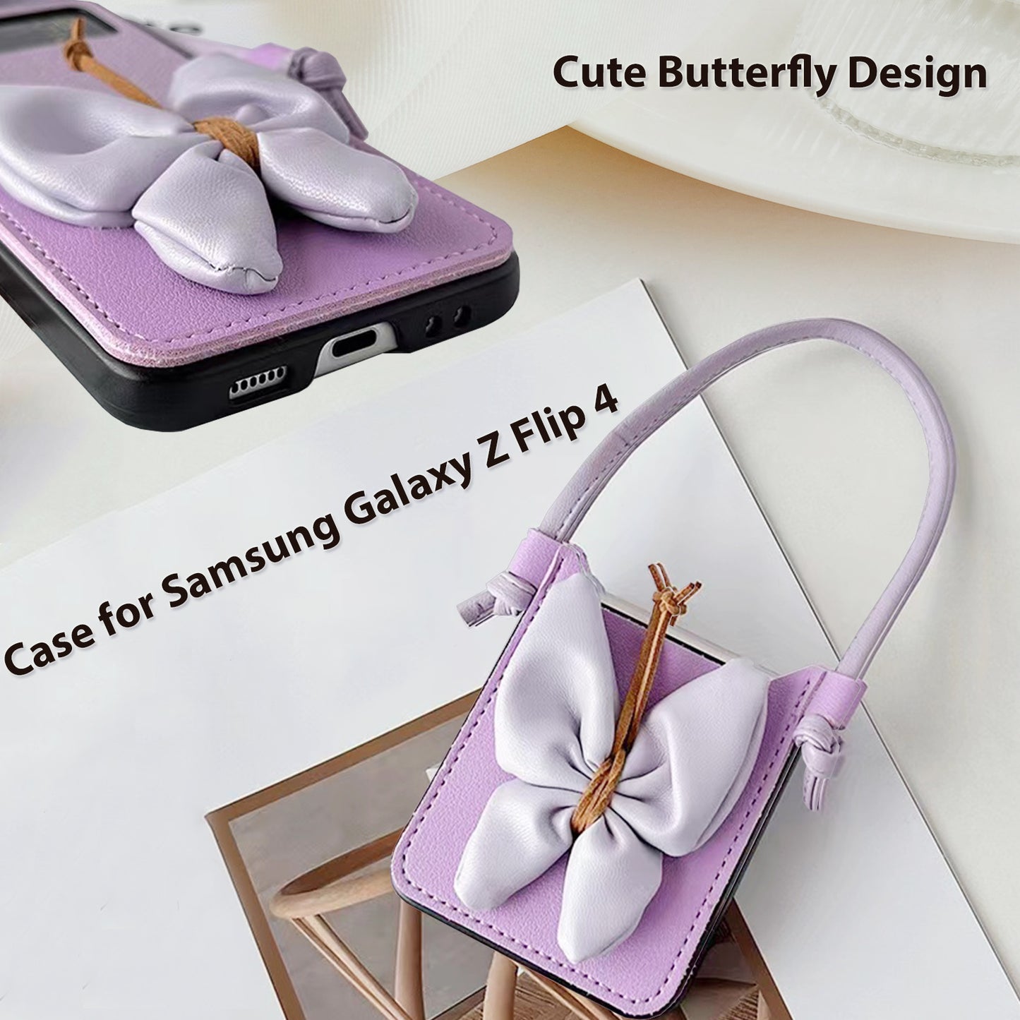 Miitoomo Cute Butterfly Leather Case for Samsung Galaxy Z Flip 5 Case with Lanyard Strap and Card Holder