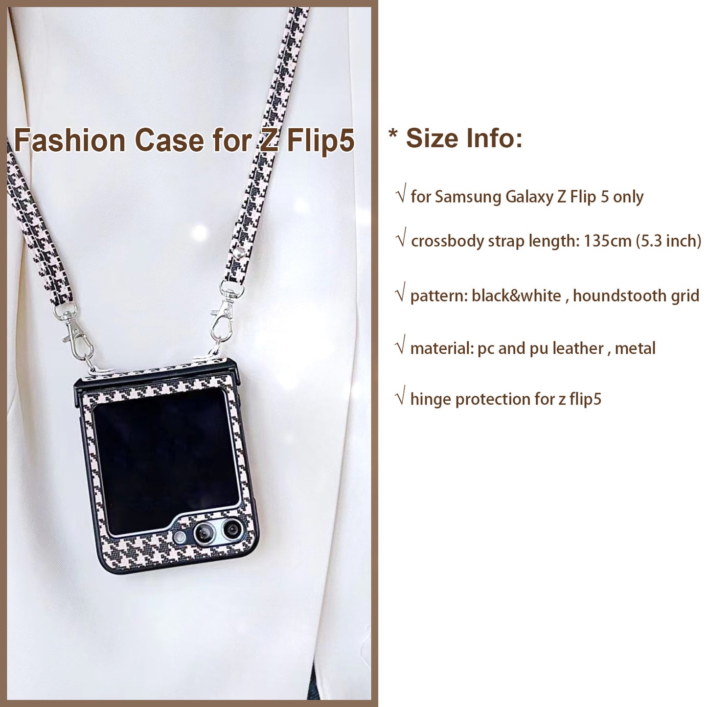 Fashion Grid Cases for Samsung Galaxy Z Flip 5 Case with Crossbody Strap