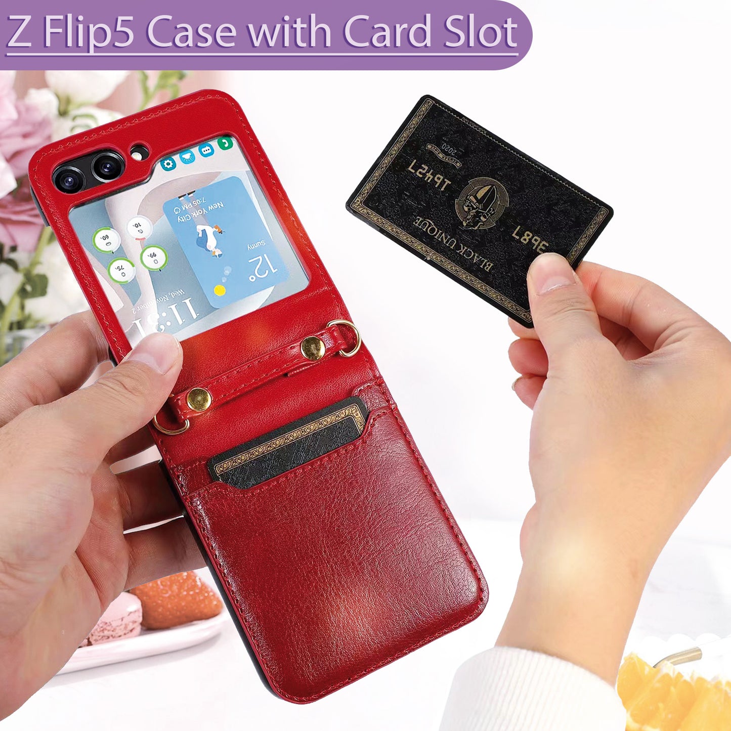 Miitoomo for Samsung Galaxy Z Flip 5 Case with Card Slot Crossbody Strap Fashion