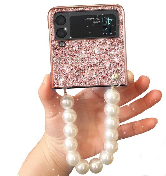 Glitter Samsung Galaxy Z Flip 4 Case with Bling Bling Cover and Lovely Pearl Chain